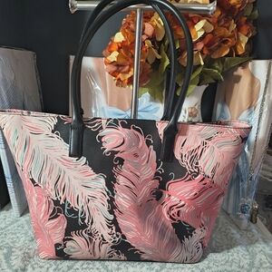 Kate Spade Vinyl Black And Pink Various Colors Plume Feather Tote Bag Like New